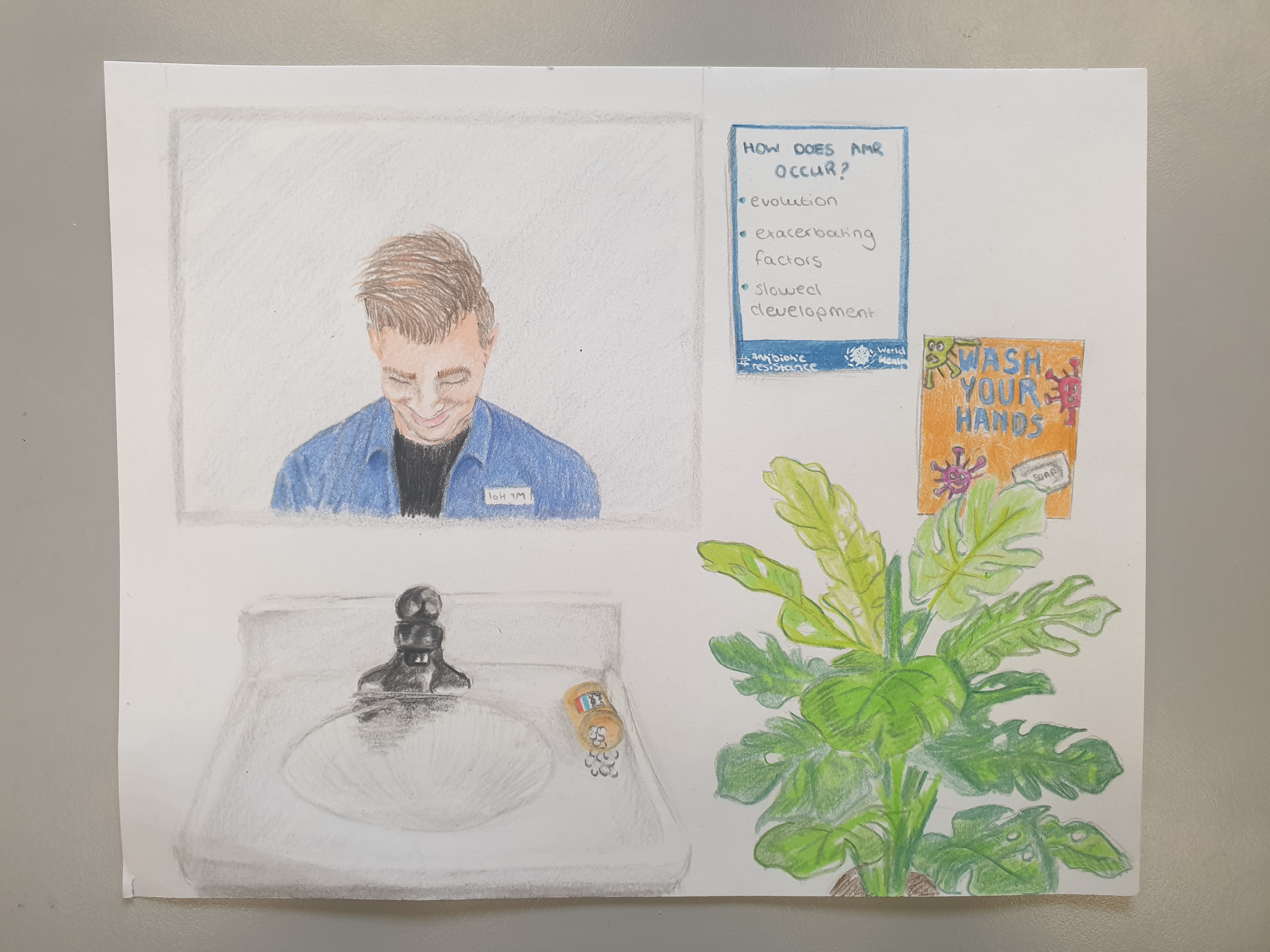 The artwork contains intentional symbols reflecting on the dangers of AMR (Antimicrobial Resistance).