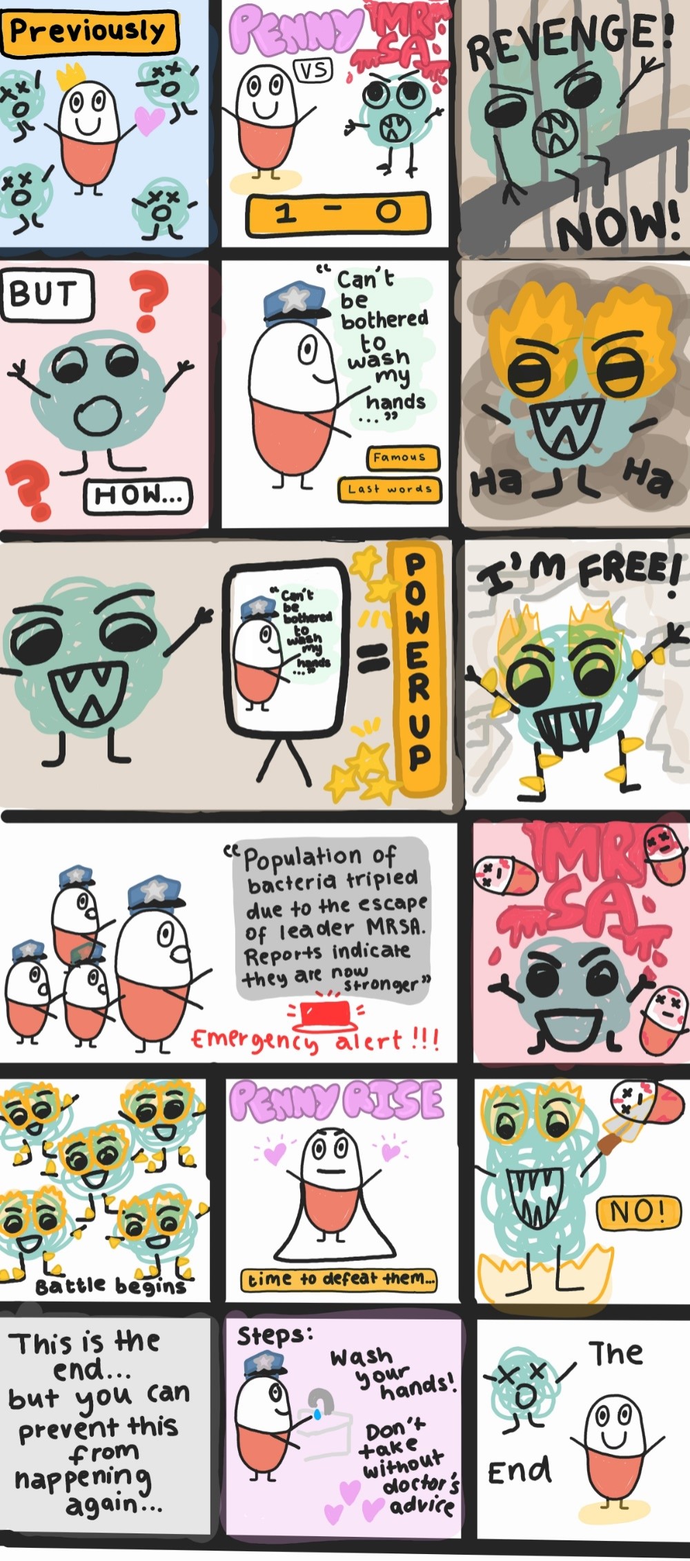 This picture showcases the consequences of not following guidance in a fun way in order to emphasise the importance of the guidance. It simplifies the understanding of how resistance can occur using the cartoon idea of power ups. The resistance of bacteri